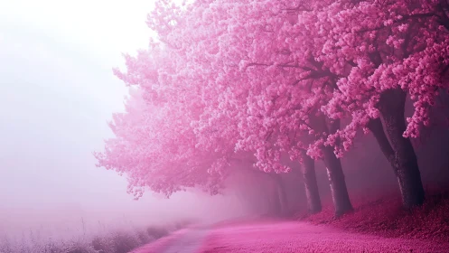 Dreamy pink blossom path disappearing into soft morning mist.