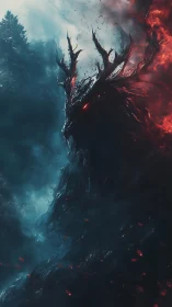 Stormlit forest guardian rises in swirling fire and shadow