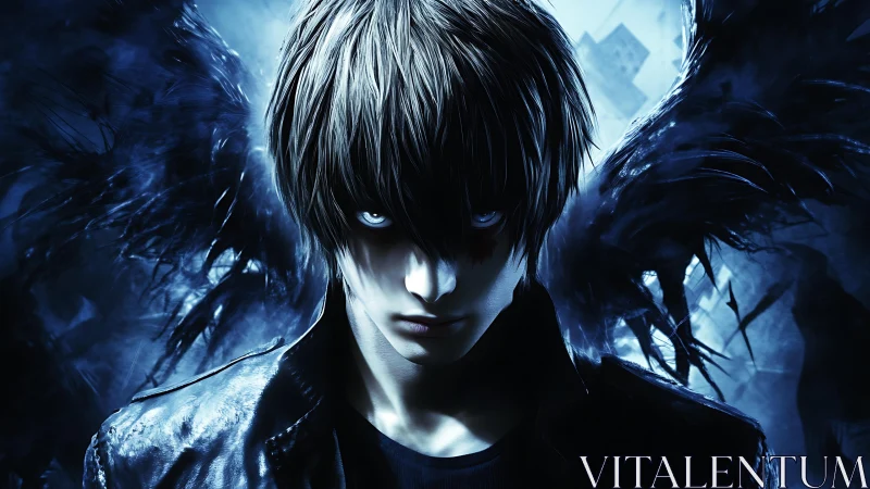 Mysterious winged guardian wrapped in cool midnight blue.