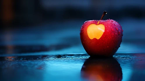 Luminescent Red Apple with Golden Heart on Blue Reflective Surface.