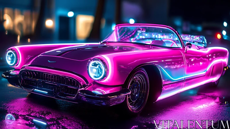 Neon pink retro convertible glows brightly on a wet city street