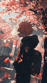 Side-lit anime youth under dense cherry blossom canopy