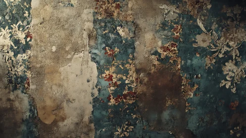 Peeling teal plaster reveals faded floral wall fragments.