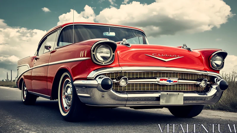 Sunlit red classic Chevy cruising under drifting clouds.