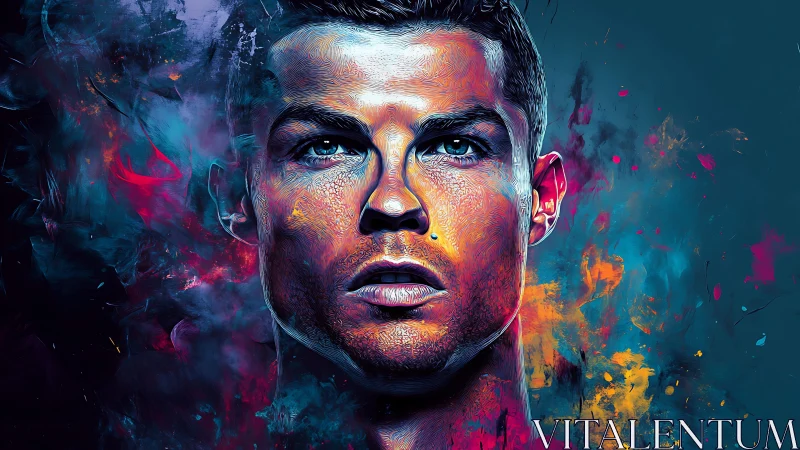 Vibrant digital portrait of intense male face with neon accents