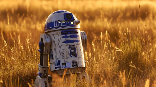 Astromech reconnaissance unit in sunset grassland field.