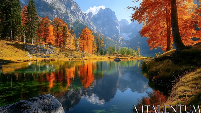 Mountain lake reflects bright autumn trees in clear daylight.