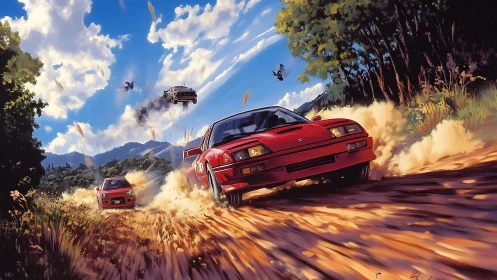 Red rally supercars drifting through sunlit forest trail.