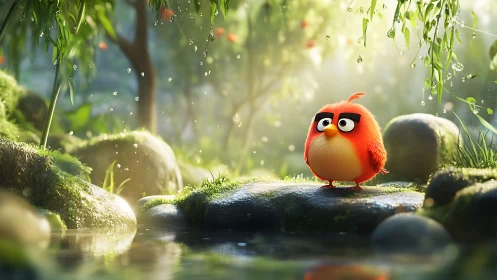 Cute red cartoon bird standing on wet mossy river rock.