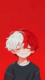 Child with red and white hair against uniform red backdrop.