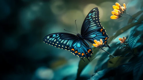 Moonlit sapphire butterfly pausing on sunrise petals.