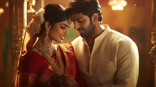 Warmly lit Indian couple in traditional wedding attire embracing