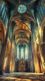 Gothic cathedral nave with stained glass and luminous rib vaults