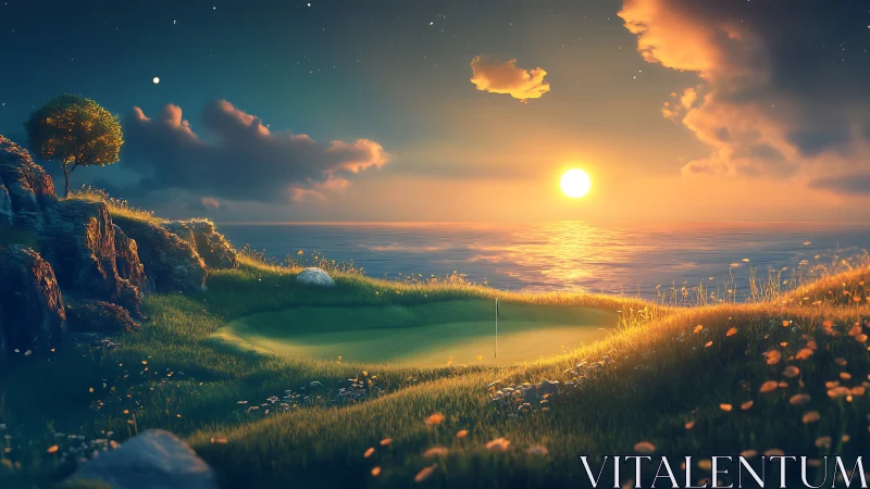 Sunlit coastal golf green overlooks calm ocean horizon