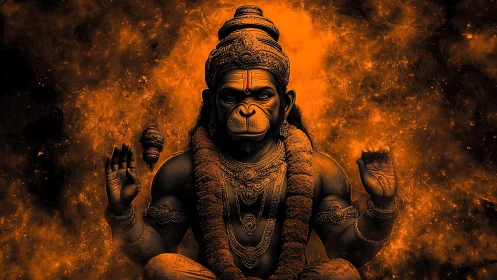 Monochrome Hanuman deity rendered against incandescent nebula
