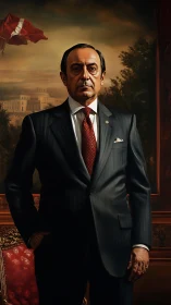 Statesman in tailored suit before monumental civic backdrop.