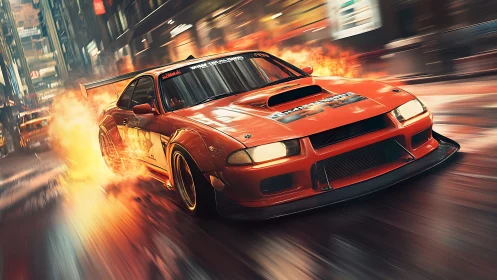 Turbocharged drift car ignites neon city street with flames