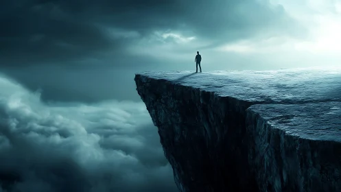 Solitary figure contemplates destiny on a towering cloud cliff