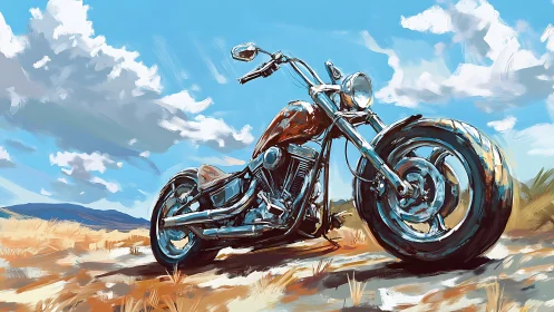 Chrome motorcycle rests under vivid desert sky in motion