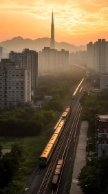 Sunrise paints rail lines gold beneath the watchful spire