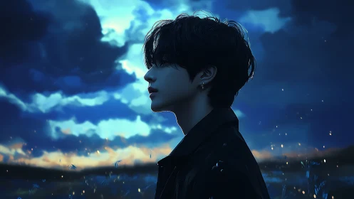 Solitary profile under luminous dusk sky in blue tones.