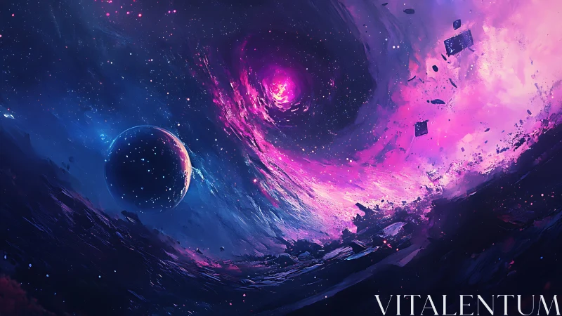 Cosmic vortex pulling debris around distant glowing planet.