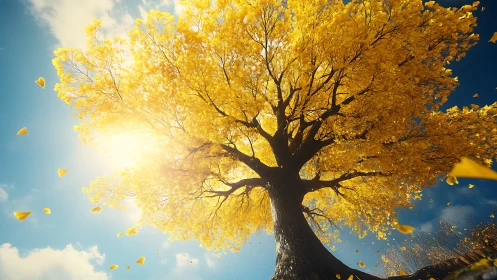 Low-angle golden tree under backlit sky with dynamic leaf motion