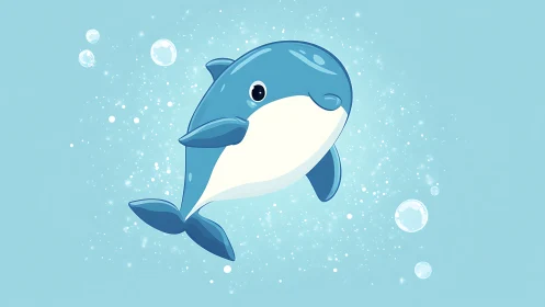 Playful stylized dolphin illustration floats in a luminous aqua field