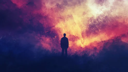 Silhouette figure before vivid abstract sky gradient field.