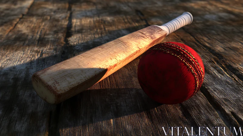 Sunlit cricket bat and red ball on weathered wood stage.