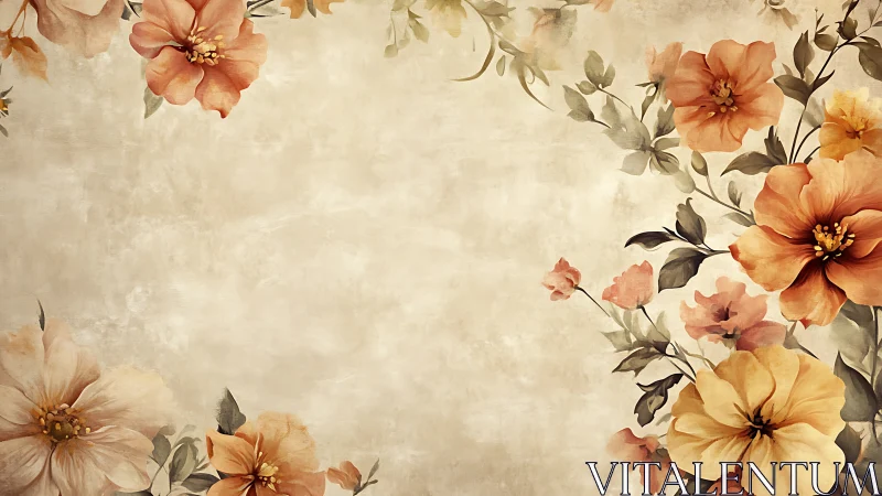 Vintage Botanical Floral Composition with Warm Terracotta and Peach Tones