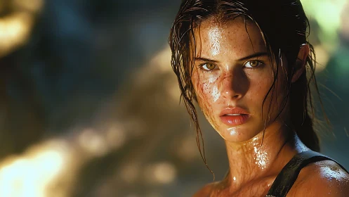 Sweat covered woman in closeup outdoor portrait view.
