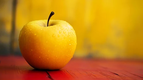Golden apple rests on rustic red wood in vivid contrast
