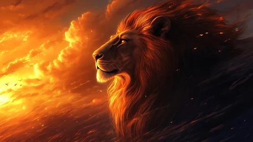 Radiant lion profile rendered in high-contrast, sunset backlighting