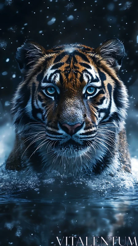 Tiger with blue eyes standing in icy water at night.