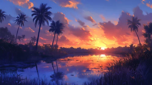 Sunset ignites a tranquil tropical lagoon in vivid color