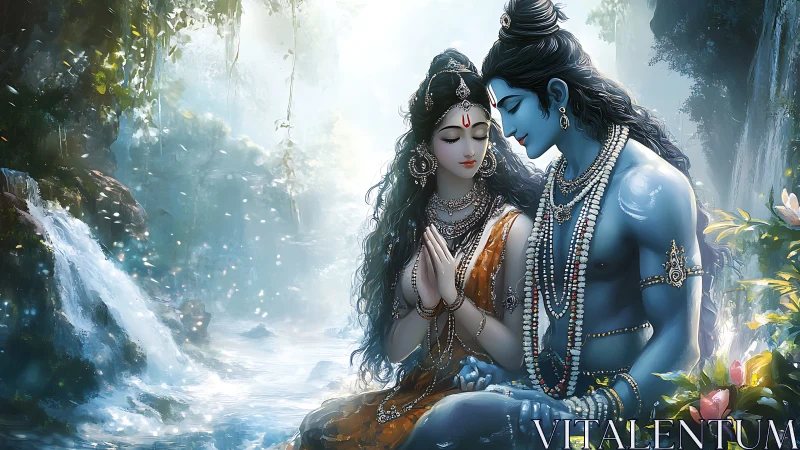 Hindu Deities Radha Krishna in Luminous Waterfall Setting. 3D Rendering.