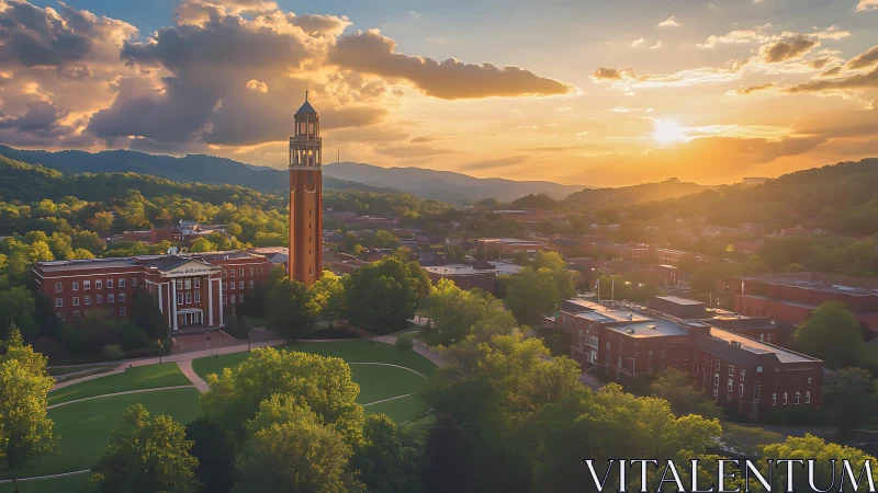 Sunlit campus tower over verdant valley at golden hour.
