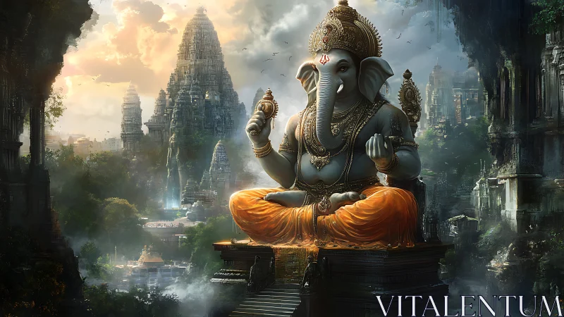 Serene elephant deity over misty temples at sunrise.