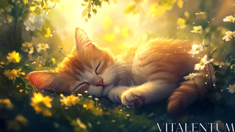 Backlit ginger kitten sleeping in shallow DOF floral meadow