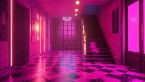 Neon hallway hush under magenta nightlife glow.