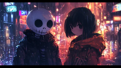 Neon rain encounter with skull-masked stranger and girl.