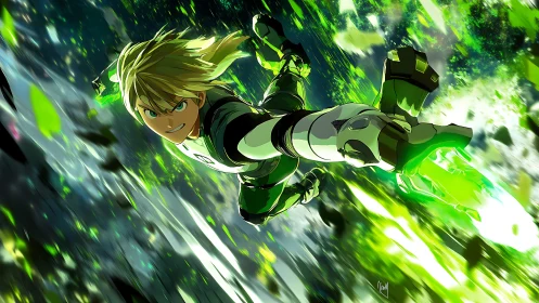 Emerald velocity hero dives through shattering neon sky.