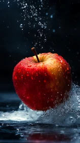 Photorealistic red apple splashing through water stream.