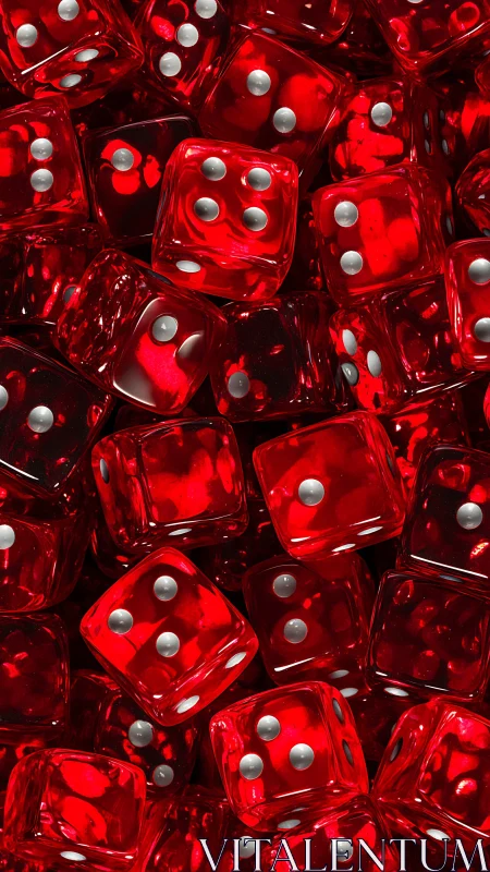 Close-up view of stacked translucent red plastic dice cluster.