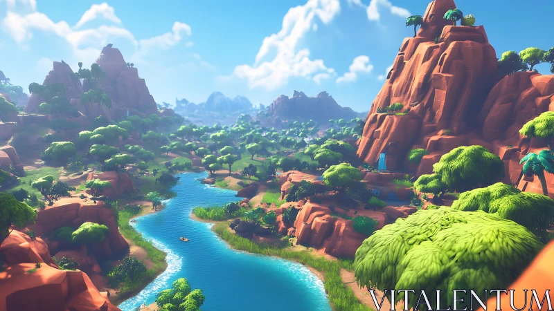 Stylized canyon river valley with lush foliage and red cliffs