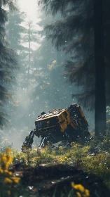 Quadruped yellow mech rests in misty conifer forest clearing