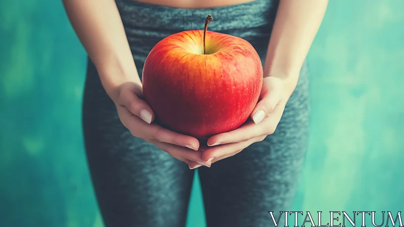 Photorealistic fitness still life with oversized red apple focus.