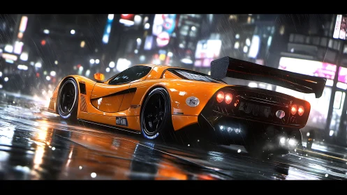 Orange race car is rendered on wet city street at night