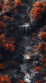 Cascading Waterfalls Among Autumn Foliage in Mystical Forest.